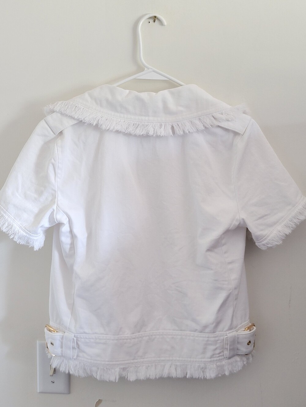 Michael Kors White Short-Sleeve Frayed Moto Denim Jacket Sz M MSRP $175.00 - Picture 2 of 11